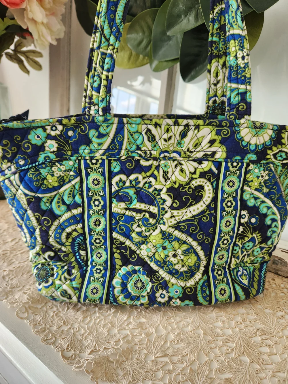 Vera Bradley Rhythem And Blues Quilted Floral Paisley Tote Bag in Navy and Teal